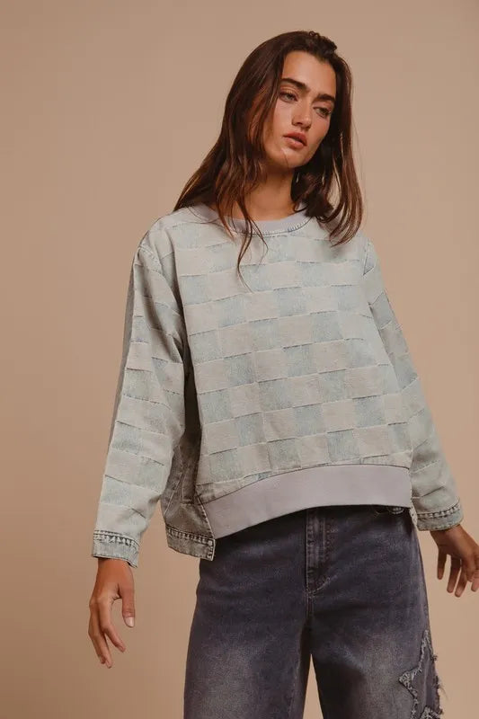 BiBi Mineral Washed Checkered Round Neck Denim Top Carauana Store