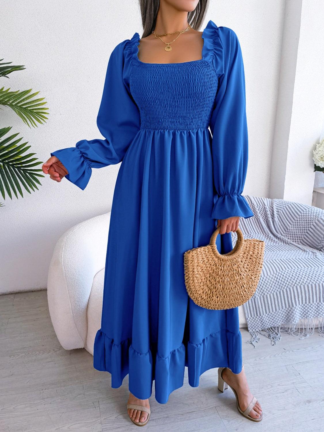 Smocked Square Neck Flounce Sleeve Dress Carauana Store