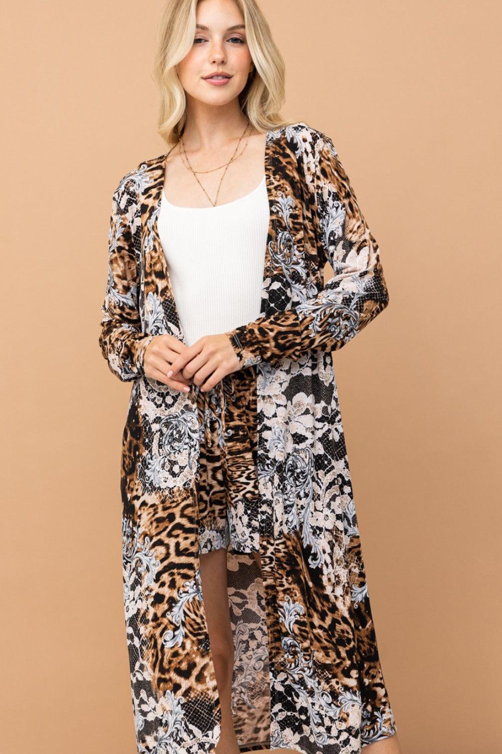 And The Why Leopard Kimono Open Front Longline Cardigan Carauana Store