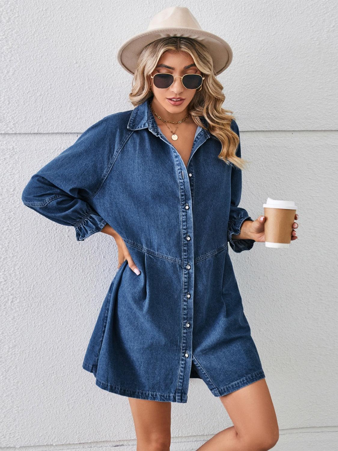 Button Up Flounce Sleeve Mini Denim Dress Carauana Store