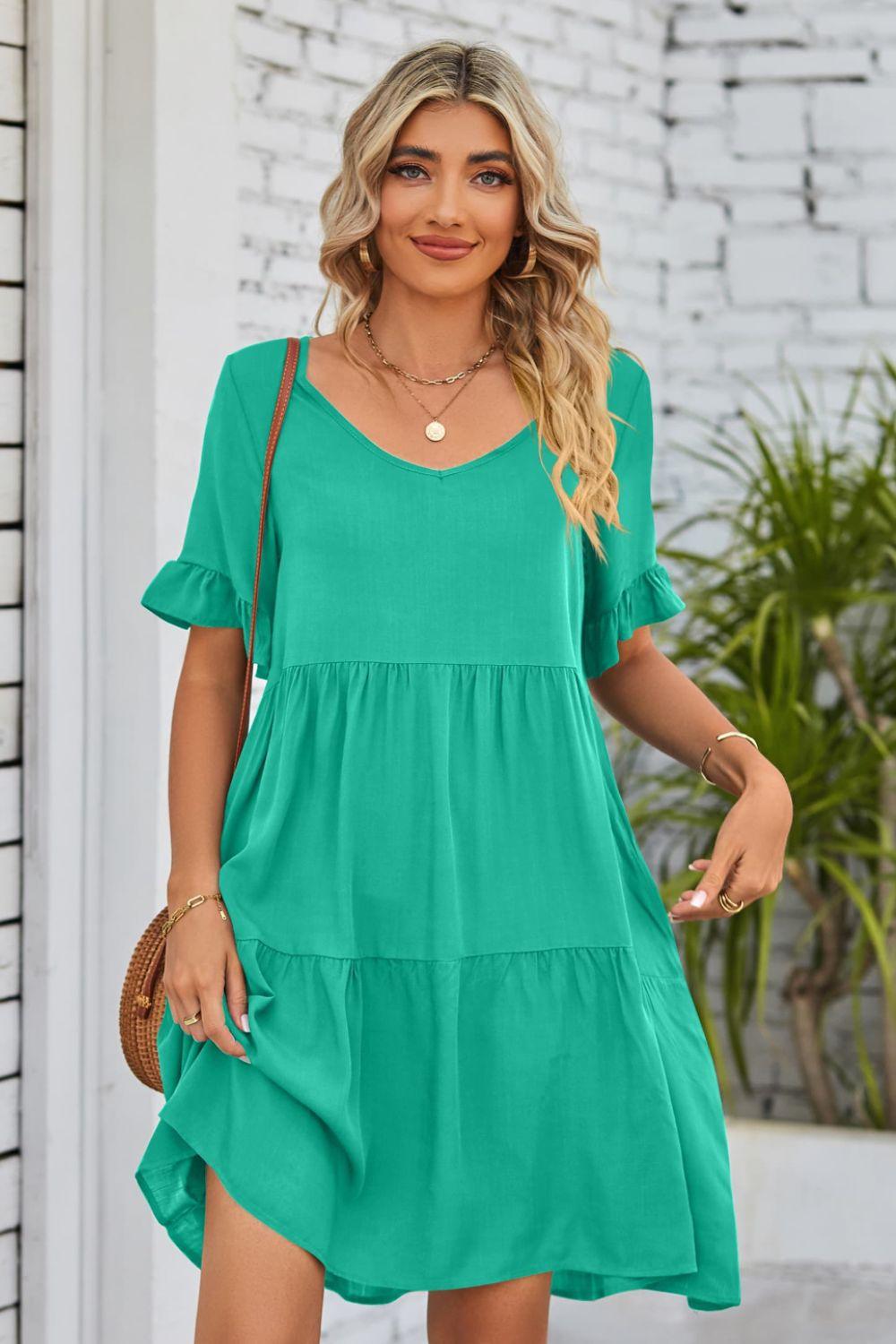 V-Neck Flounce Sleeve Tiered Dress Carauana Store
