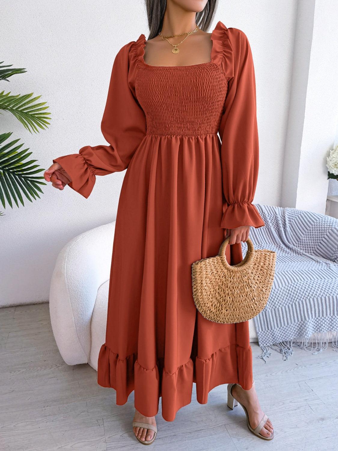 Smocked Square Neck Flounce Sleeve Dress Carauana Store