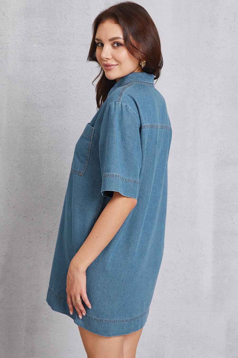 Pocketed Collared Neck Mini Denim Dress Carauana Store