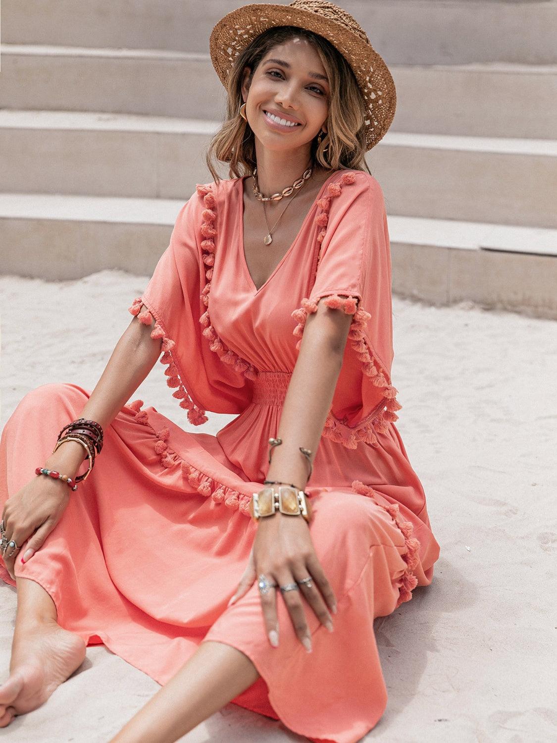 Tassel Trim Smocked V-Neck Short Sleeve Dress Carauana Store