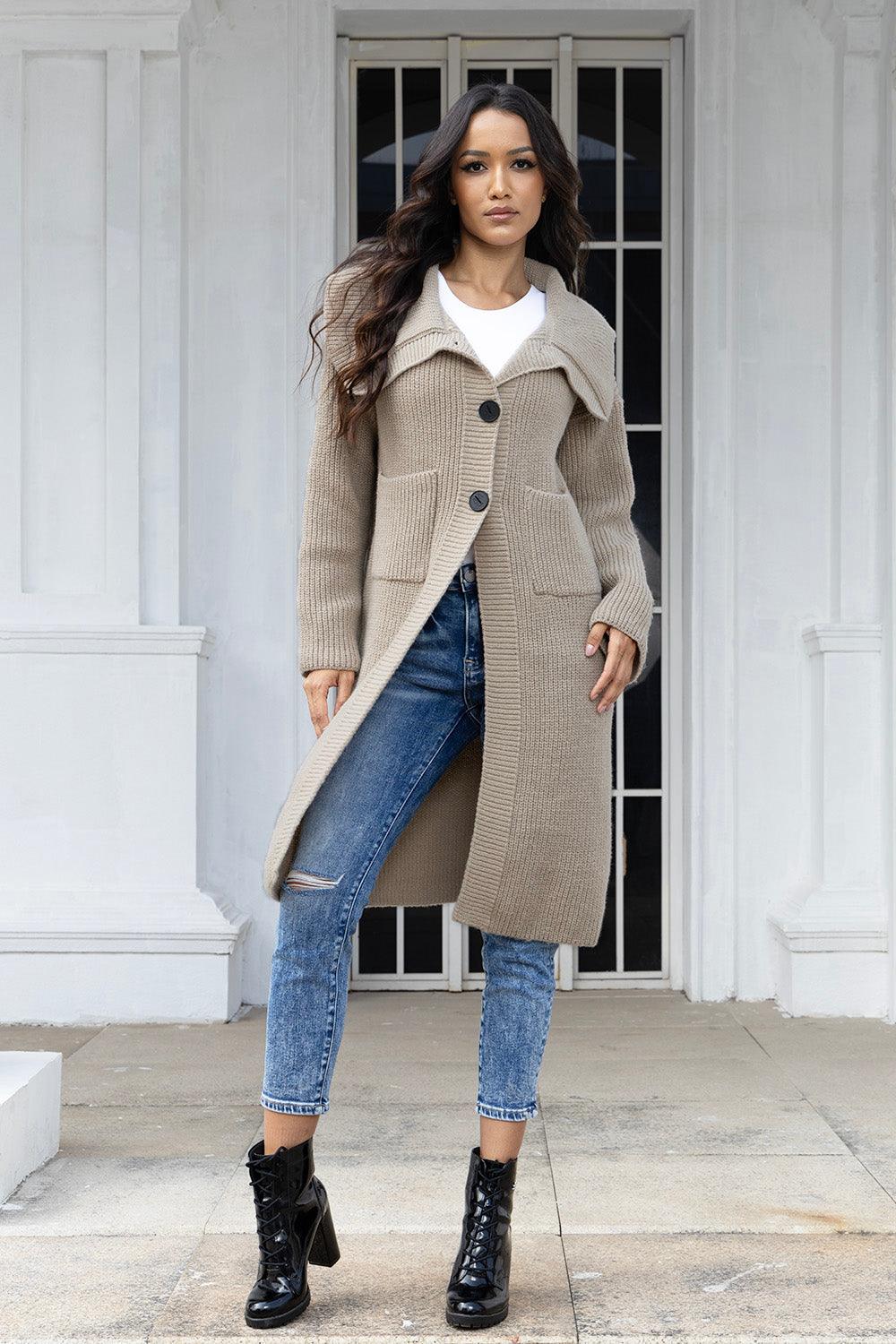 Pocketed Button Up Collared Neck Cardigan Carauana Store