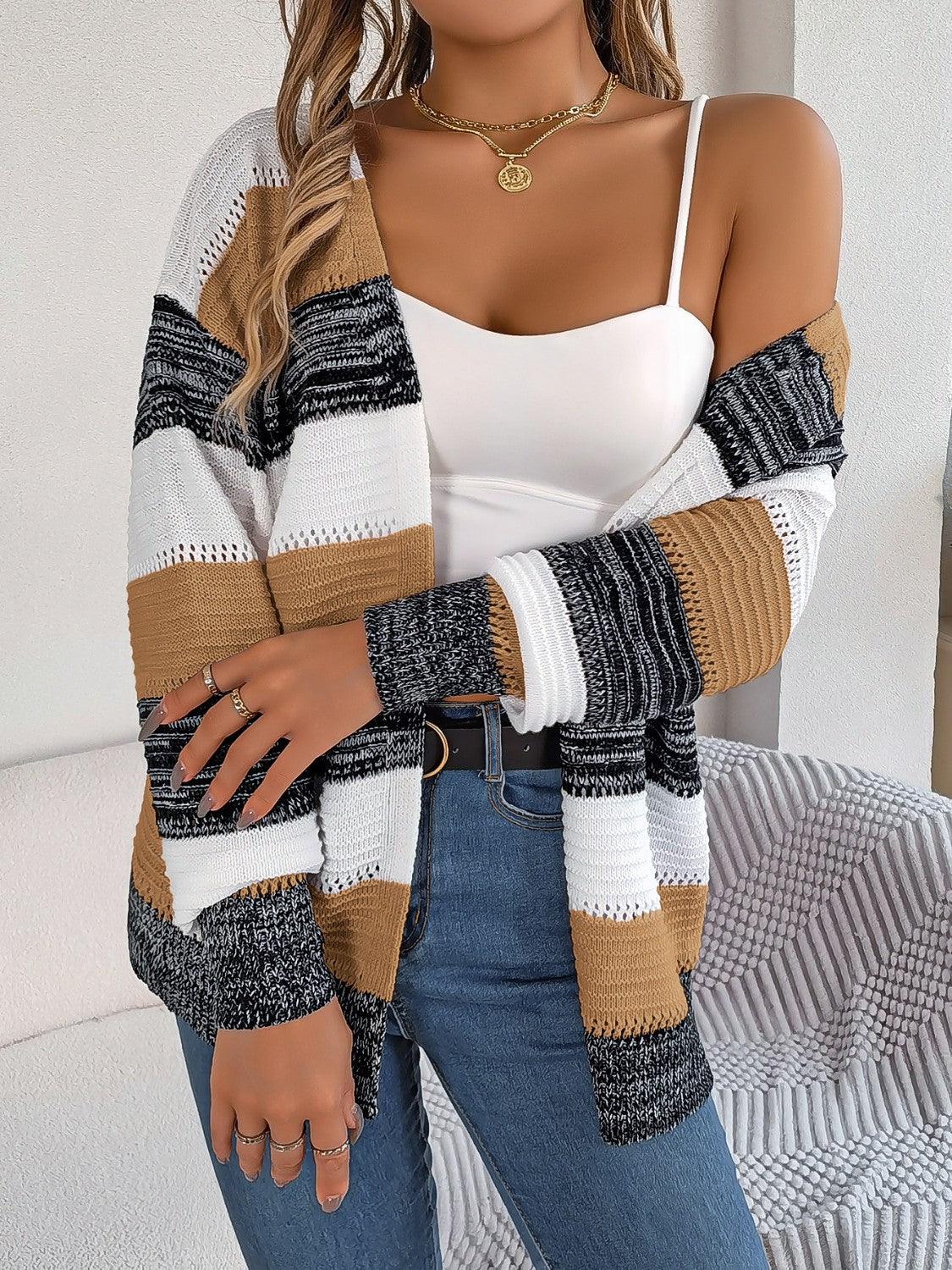 Openwork Striped Open Front Cardigan Carauana Store