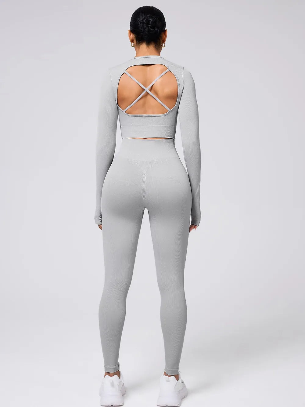 Back Crisscross Round Neck Long Sleeve Top and Leggings Active Set Carauana Store
