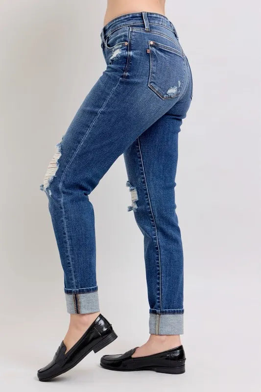 Judy Blue Full Size Mid Rise Boyfriend destroy Jeans with Yoke Pockets and Faux Selvedge Cuff Plus Size Carauana Store