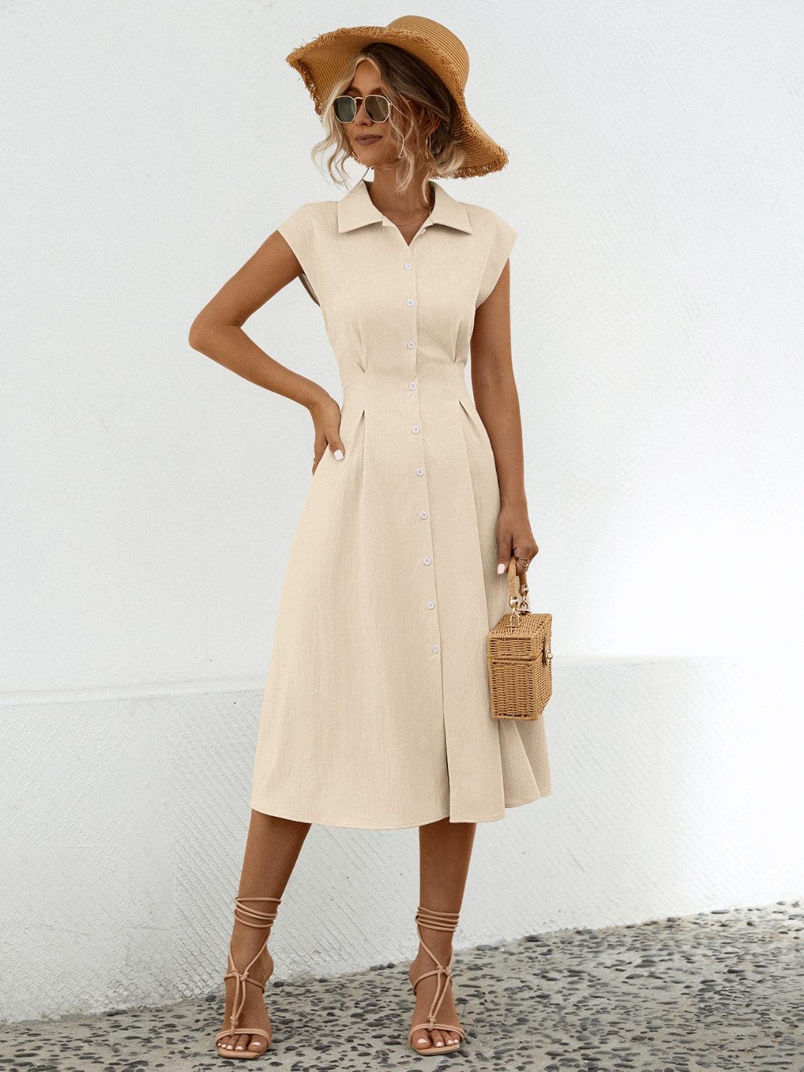 Button Up Cap Sleeve Midi Dress Carauana Store