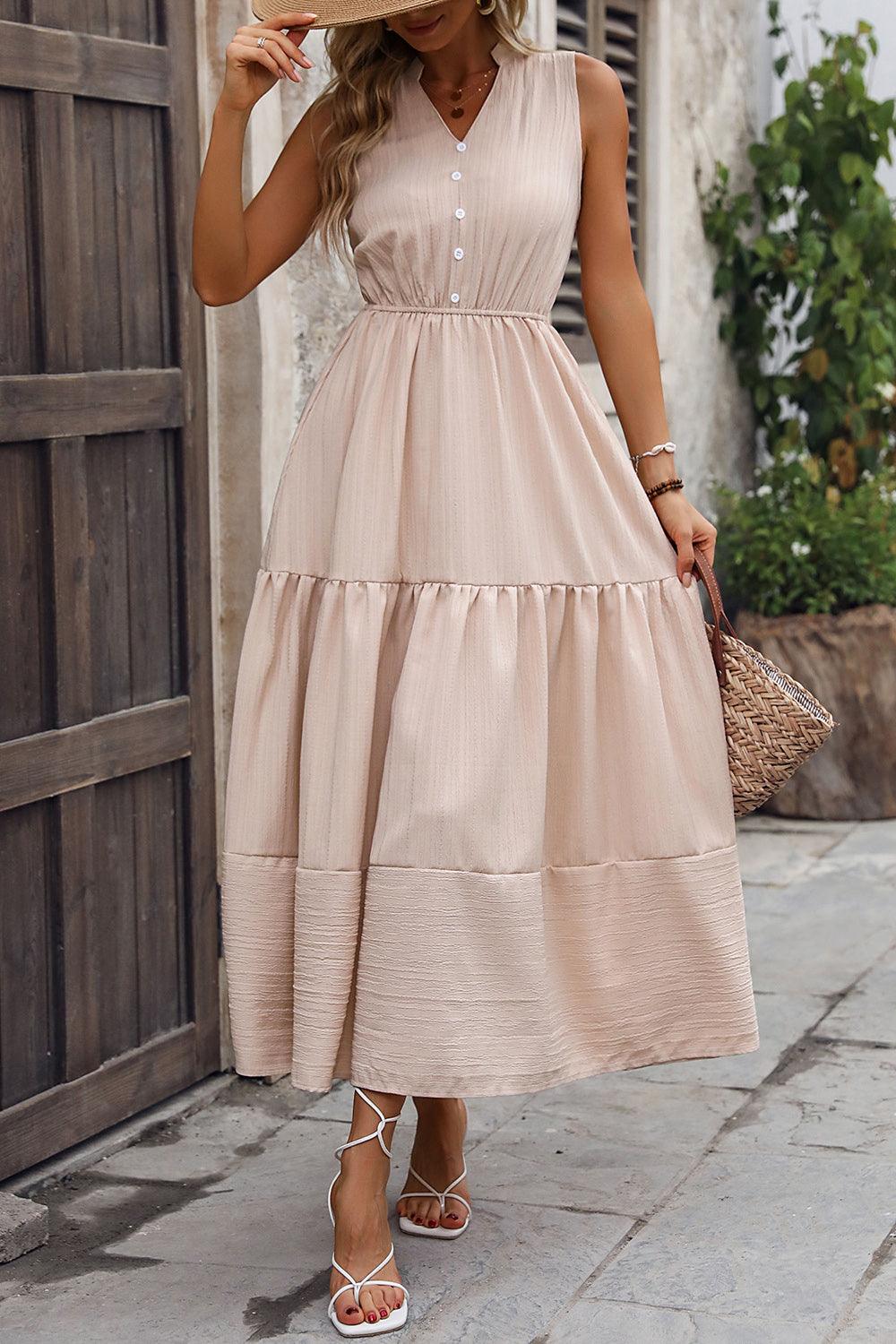 Decorative Button Notched Tiered Dress Carauana Store