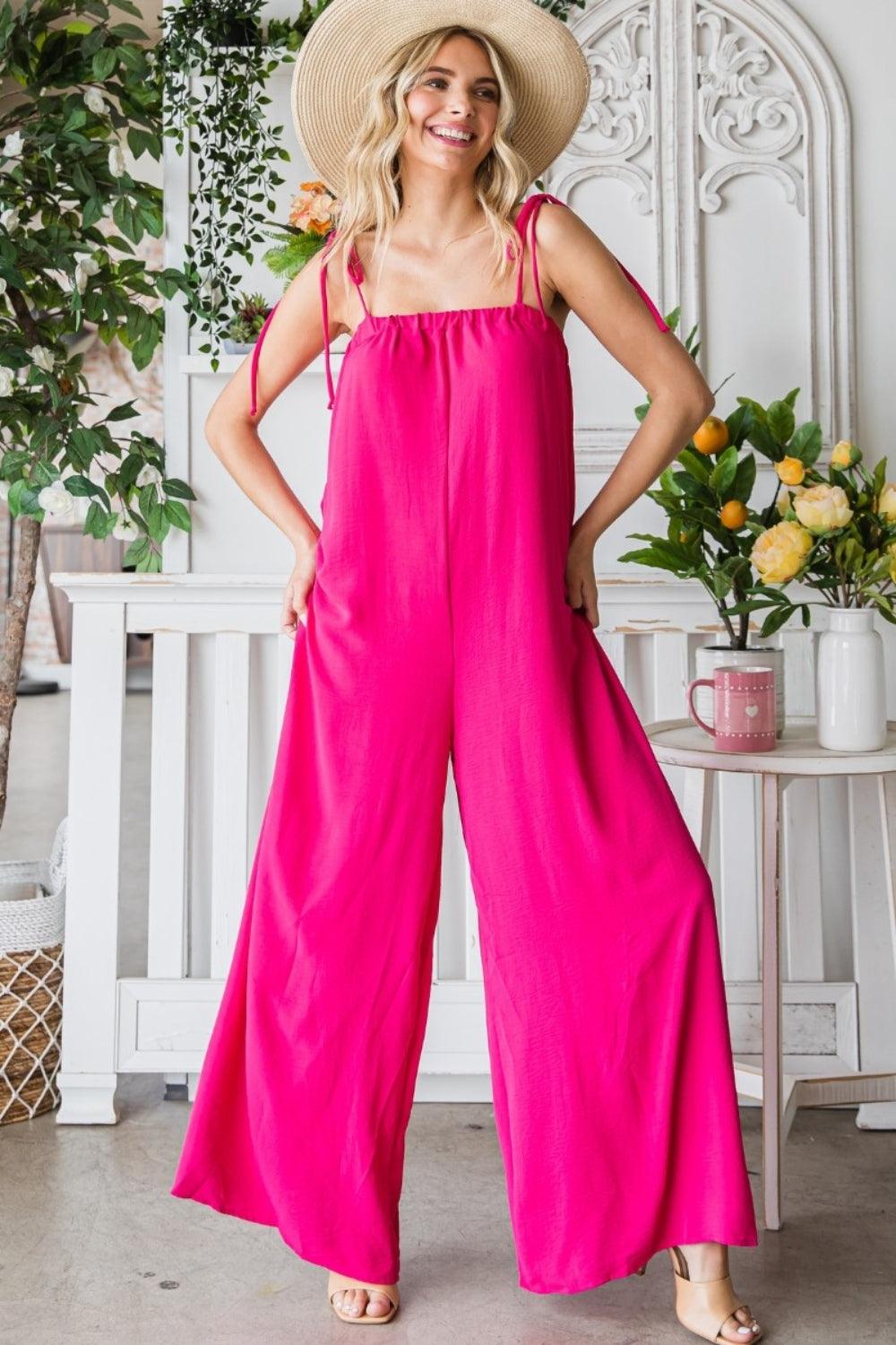 Veveret Pocketed Spaghetti Strap Wide Leg Jumpsuit Carauana Store