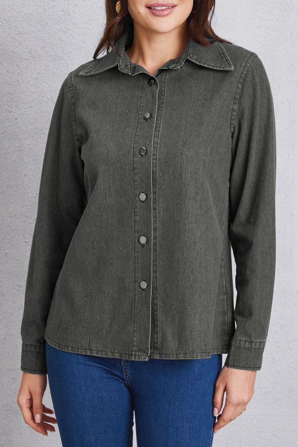 Collared Neck Button Up Denim Top Carauana Store