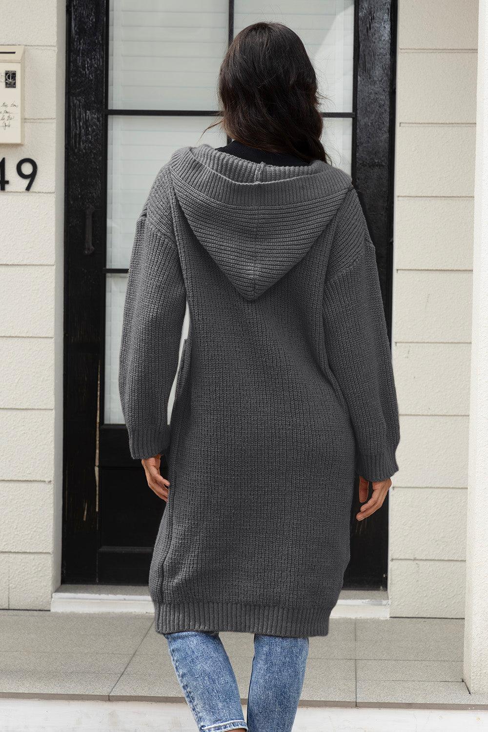 Button Up Long Sleeve Hooded Cardigan with Pockets Carauana Store