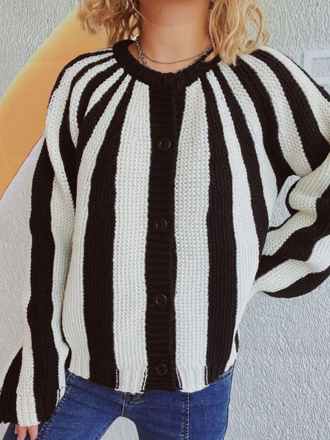 Contrast Stripes Button Down Long Sleeve Cardigan Carauana Store