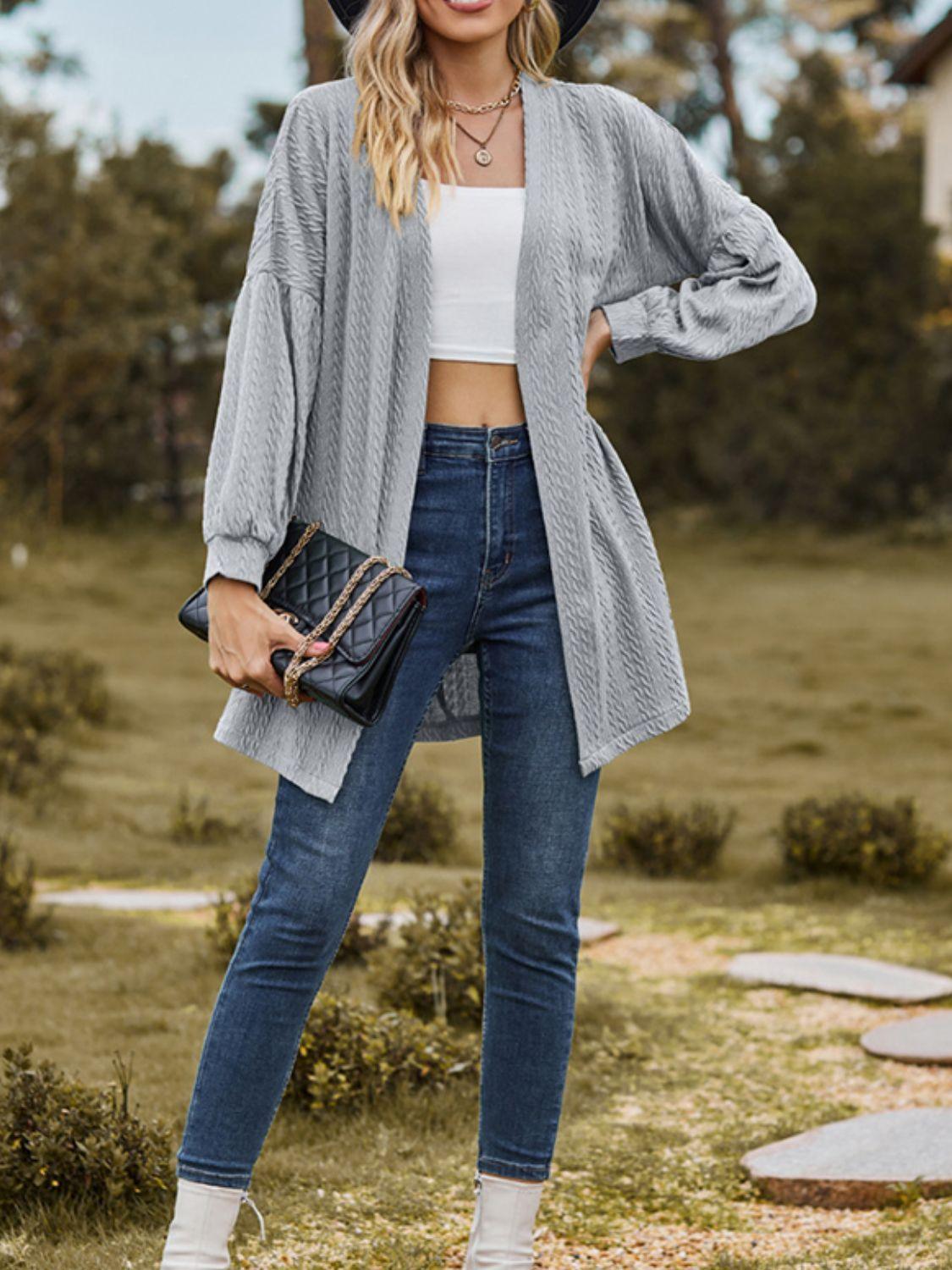 Textured Open Front Dropped Shoulder Cardigan Carauana Store