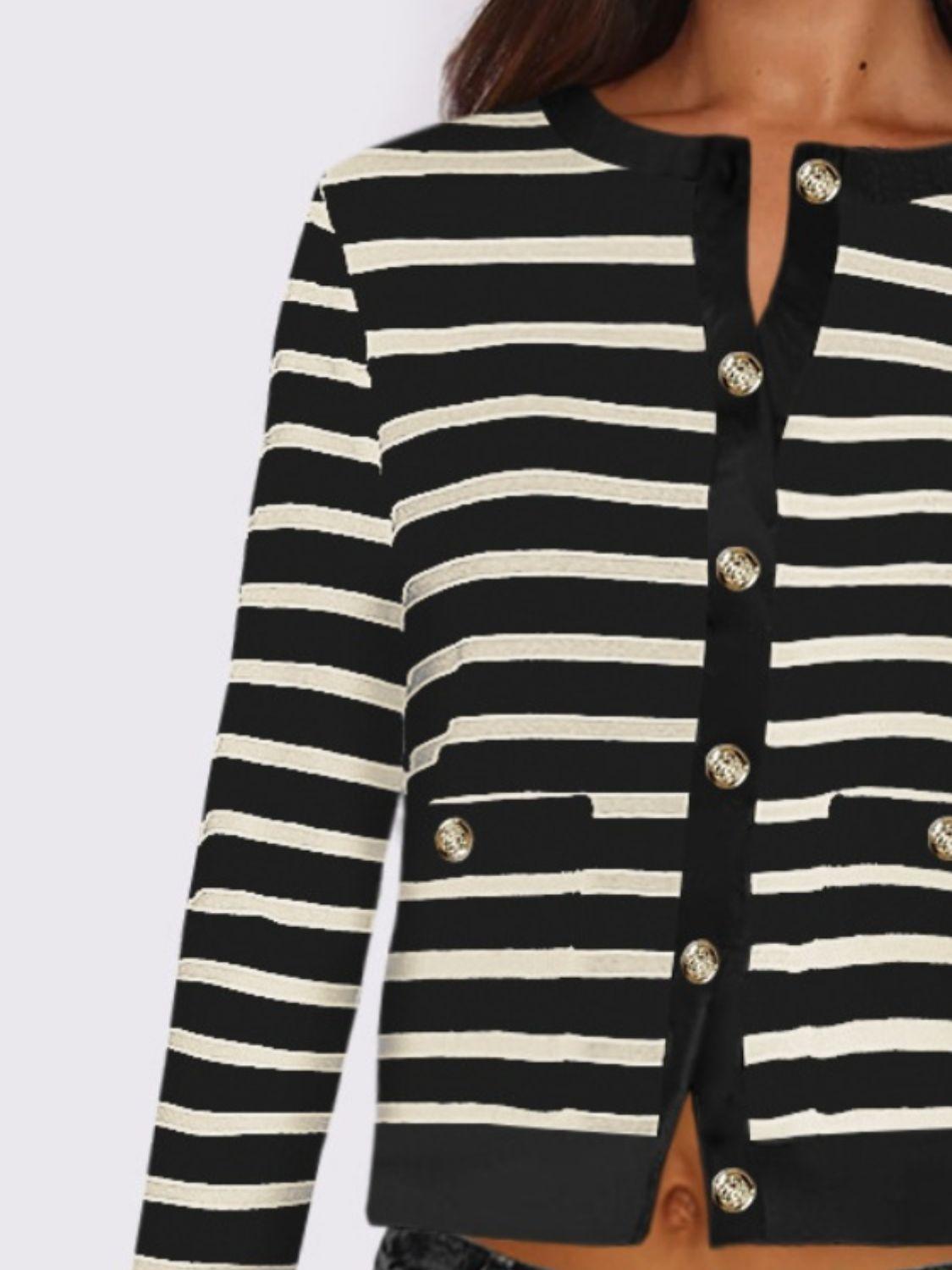 Striped Round Neck Button Up Long Sleeve Cardigan Carauana Store