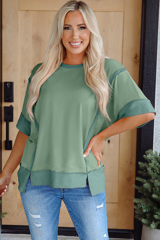 Smoke Green Half Sleeve Raw Seam High Low Side Split Top