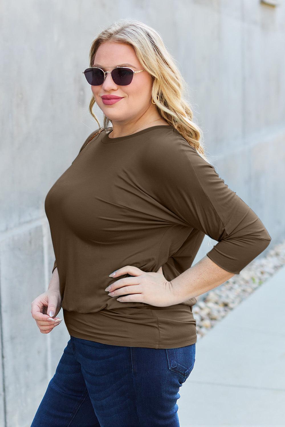 Basic Bae Full Size Round Neck Batwing Sleeve Blouse Carauana Store