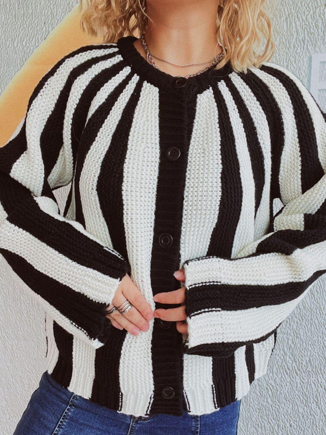 Contrast Stripes Button Down Long Sleeve Cardigan Carauana Store