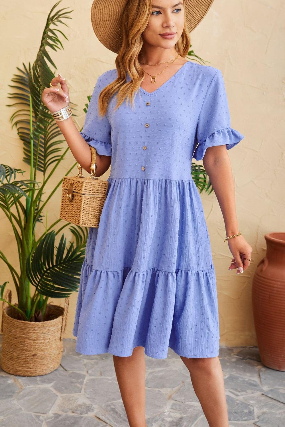Swiss Dot Ruffled V-Neck Tiered Dress Carauana Store