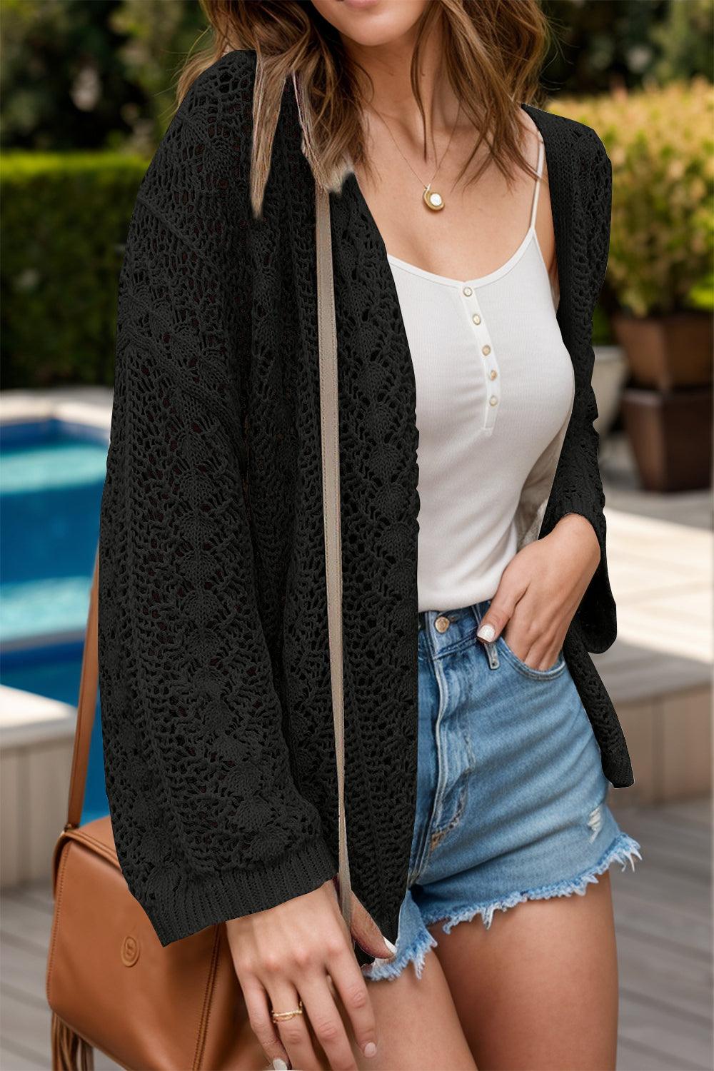 Openwork Open Front Dropped Shoulder Cardigan Carauana Store