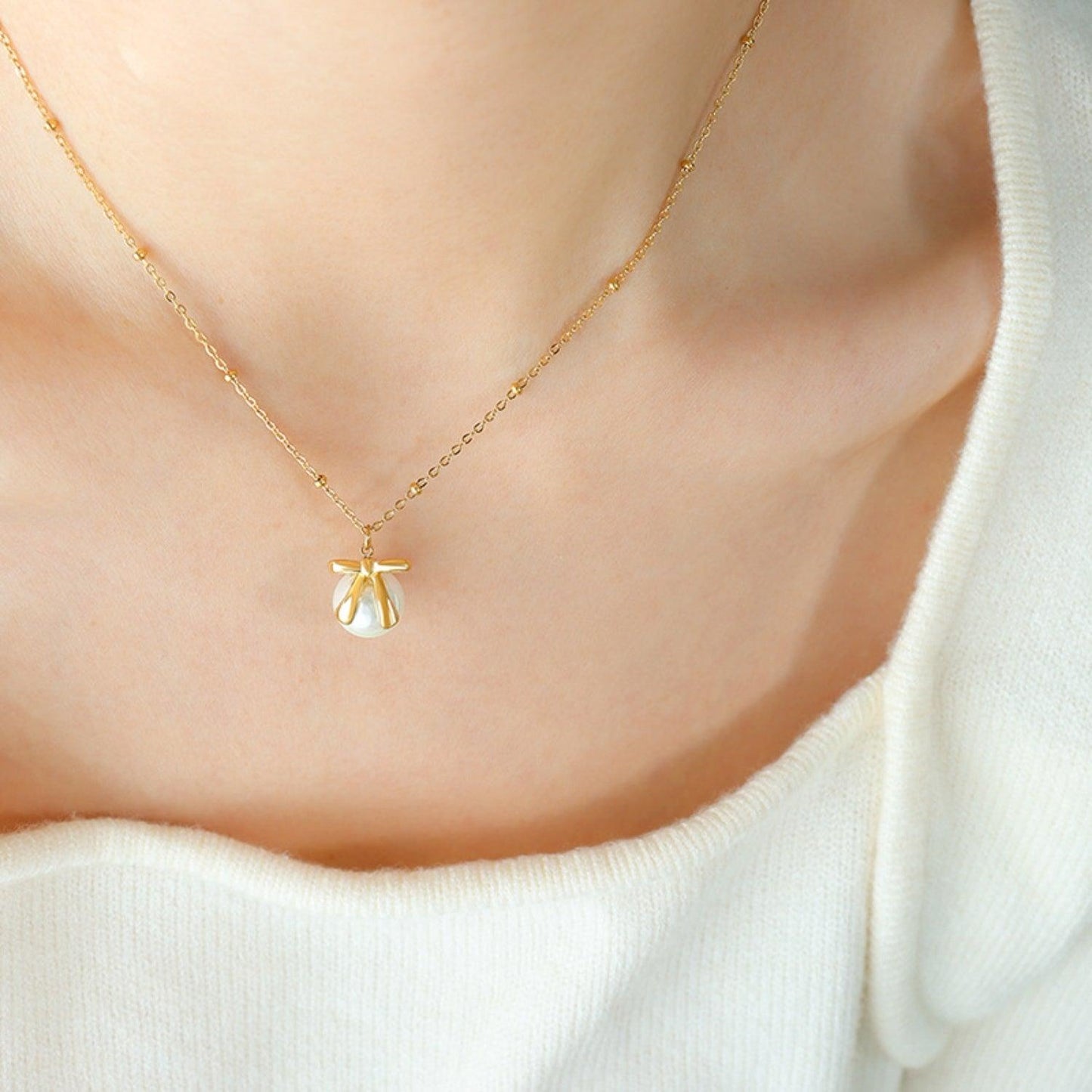 Titanium Steel Bow & Bead Pendant Necklace Carauana Store