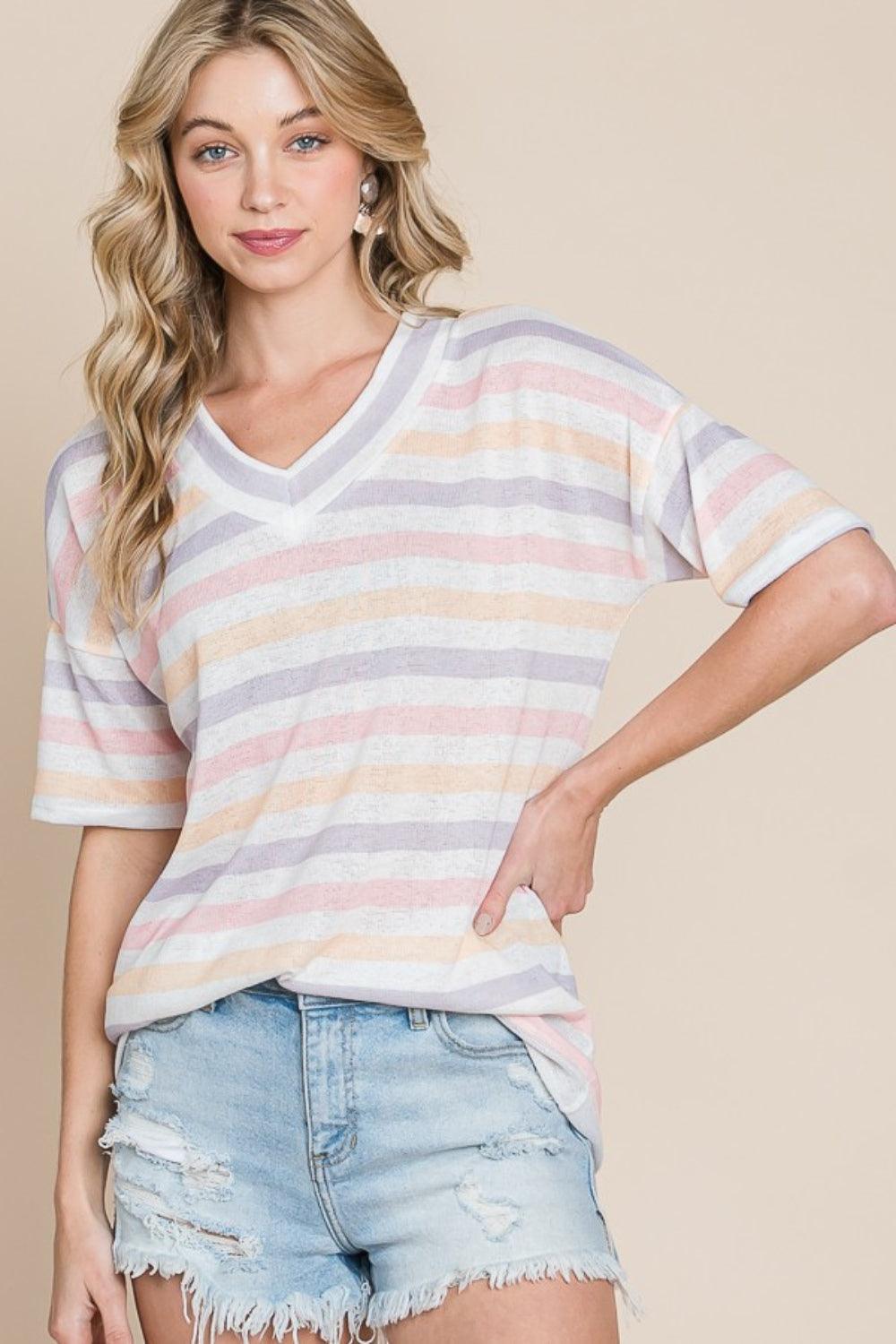 BOMBOM Striped V-Neck Short Sleeve T-Shirt Carauana Store
