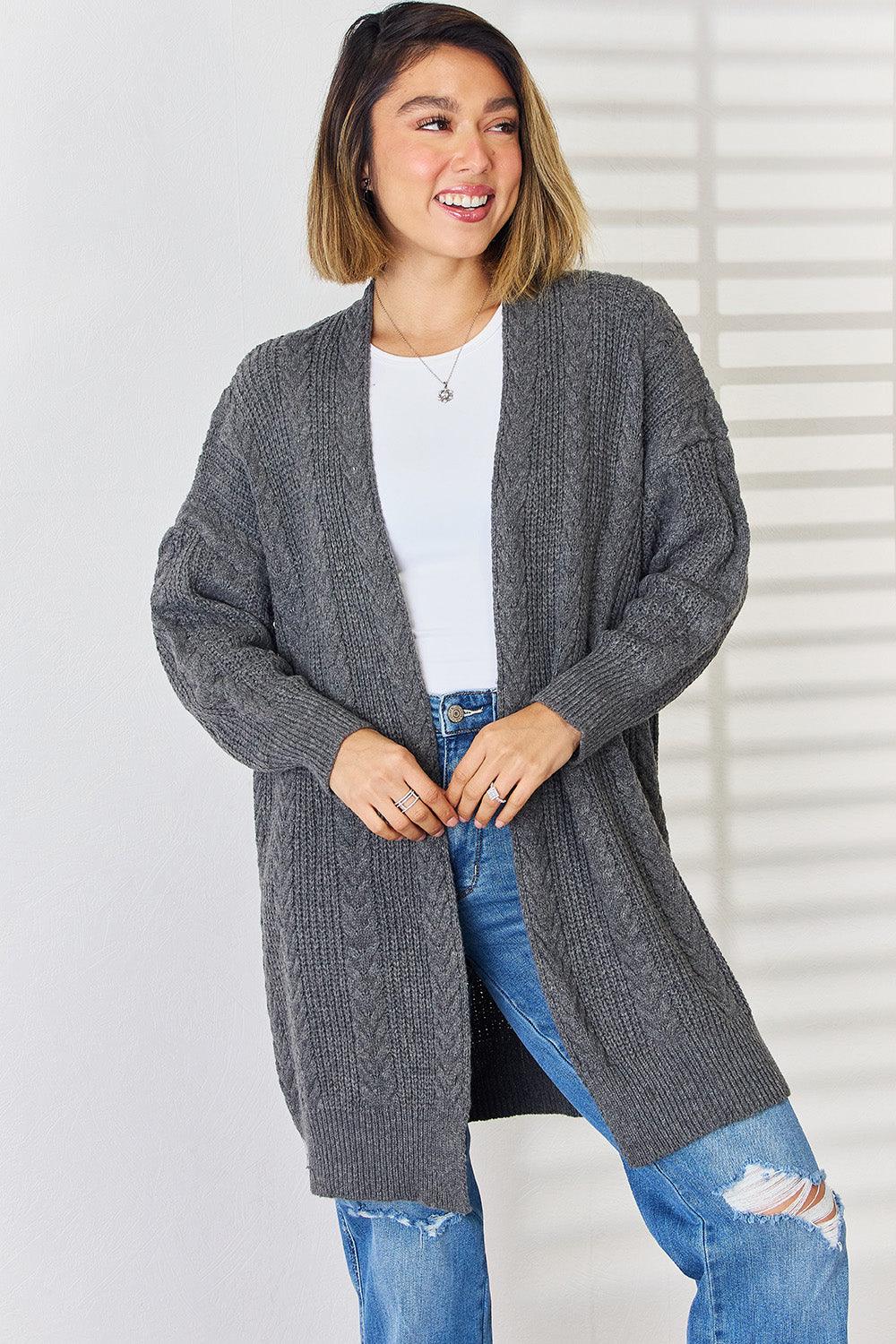 Cable-Knit Open Front Dropped Shoulder Cardigan Carauana Store