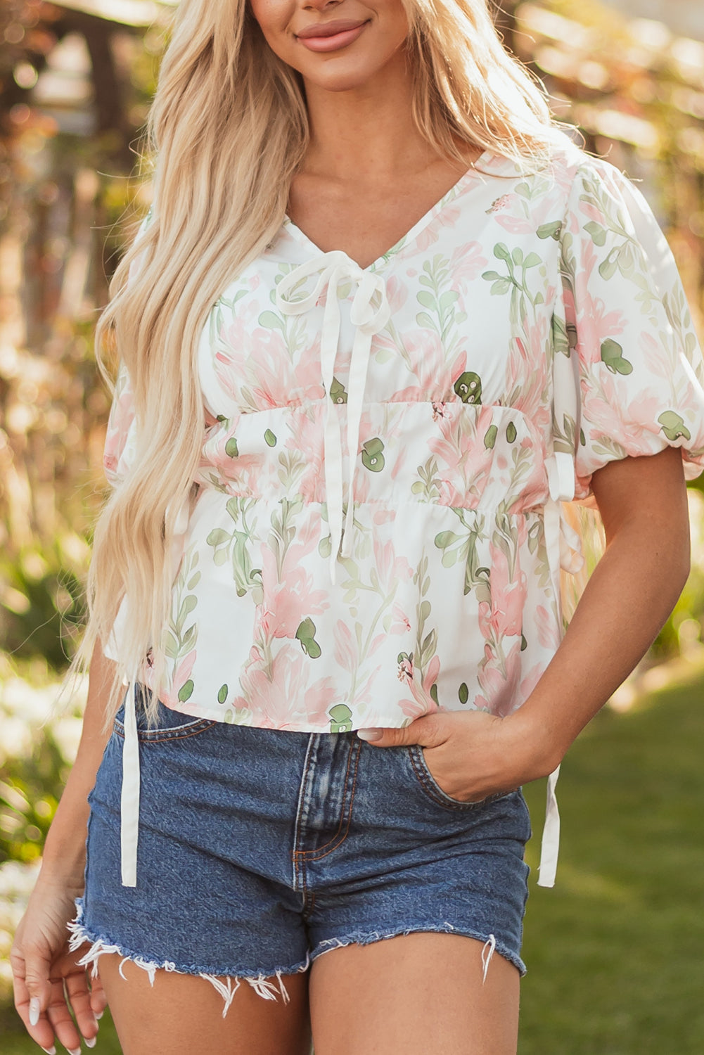 Pink Floral Puff Sleeve V Neck Tied Front Peplum Blouse