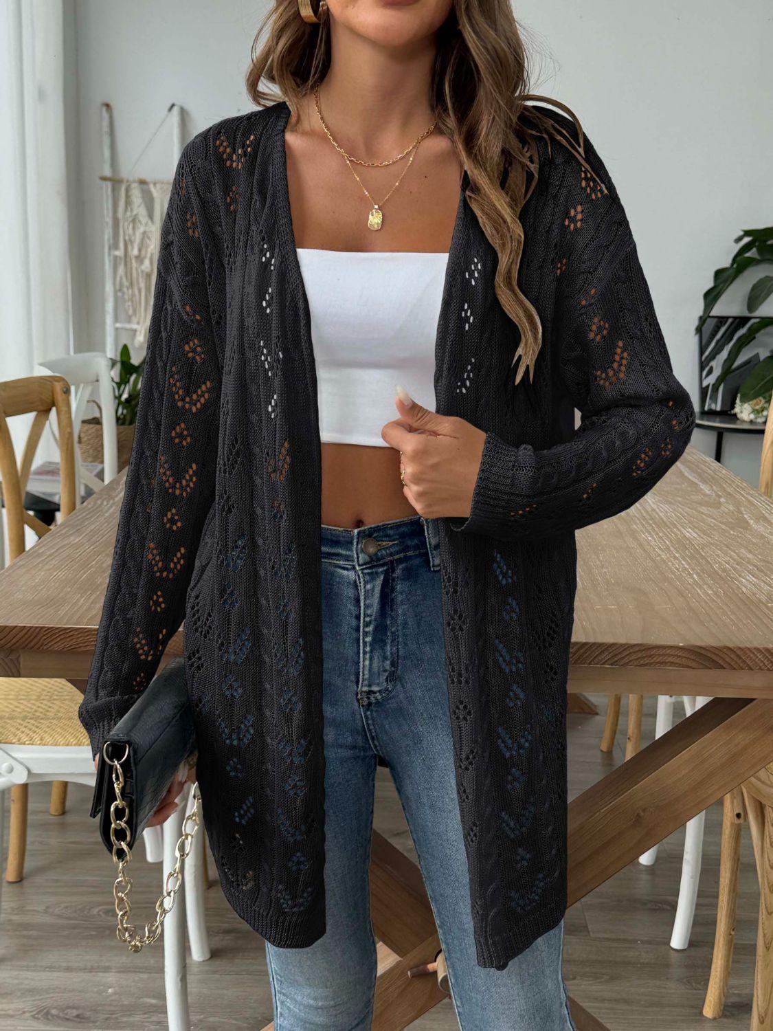 Openwork Open Front Long Sleeve Cardigan Carauana Store