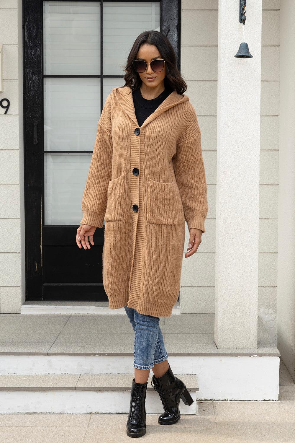 Button Up Long Sleeve Hooded Cardigan with Pockets Carauana Store