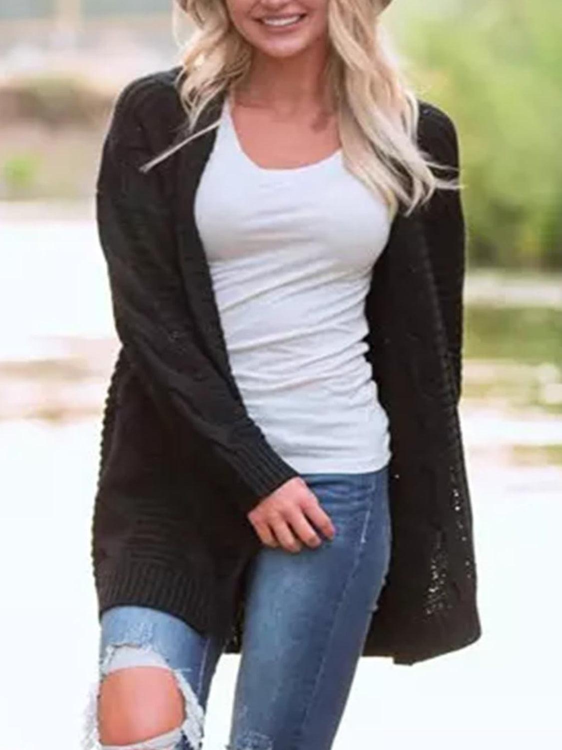 Cable-Knit Open Front Long Sleeve Cardigan Carauana Store