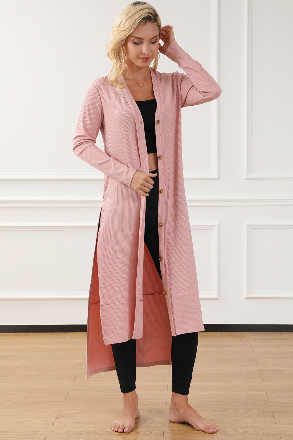 Button Up High-Low Long Sleeve Slit Cardigan Carauana Store