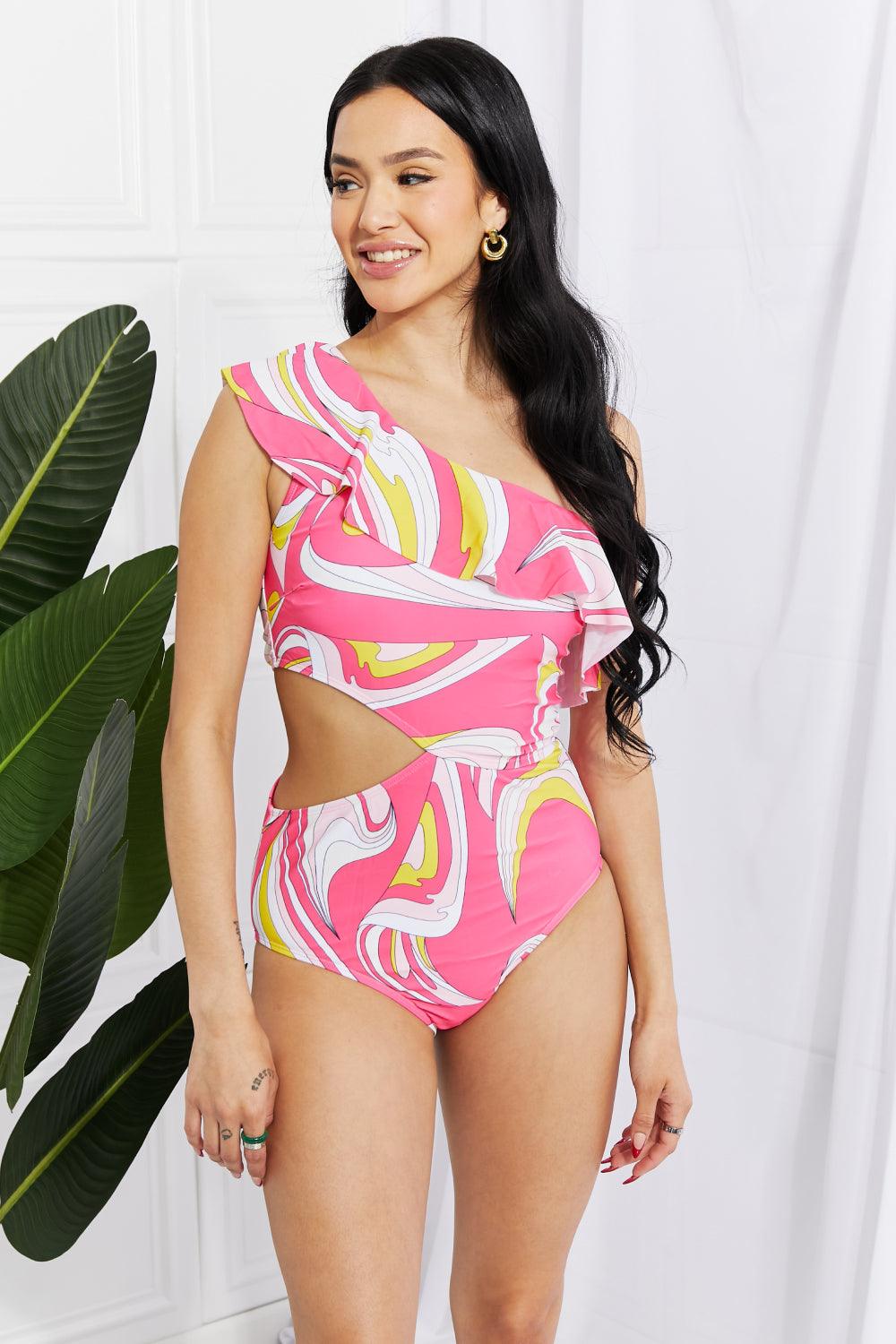 Marina West Swim Vitamin C Asymmetric Cutout Ruffle Swimsuit in Pink Carauana Store