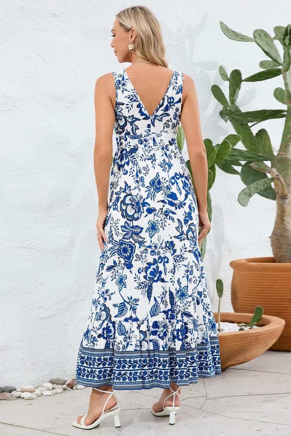 Printed V-Neck Wide Strap Dress Carauana Store