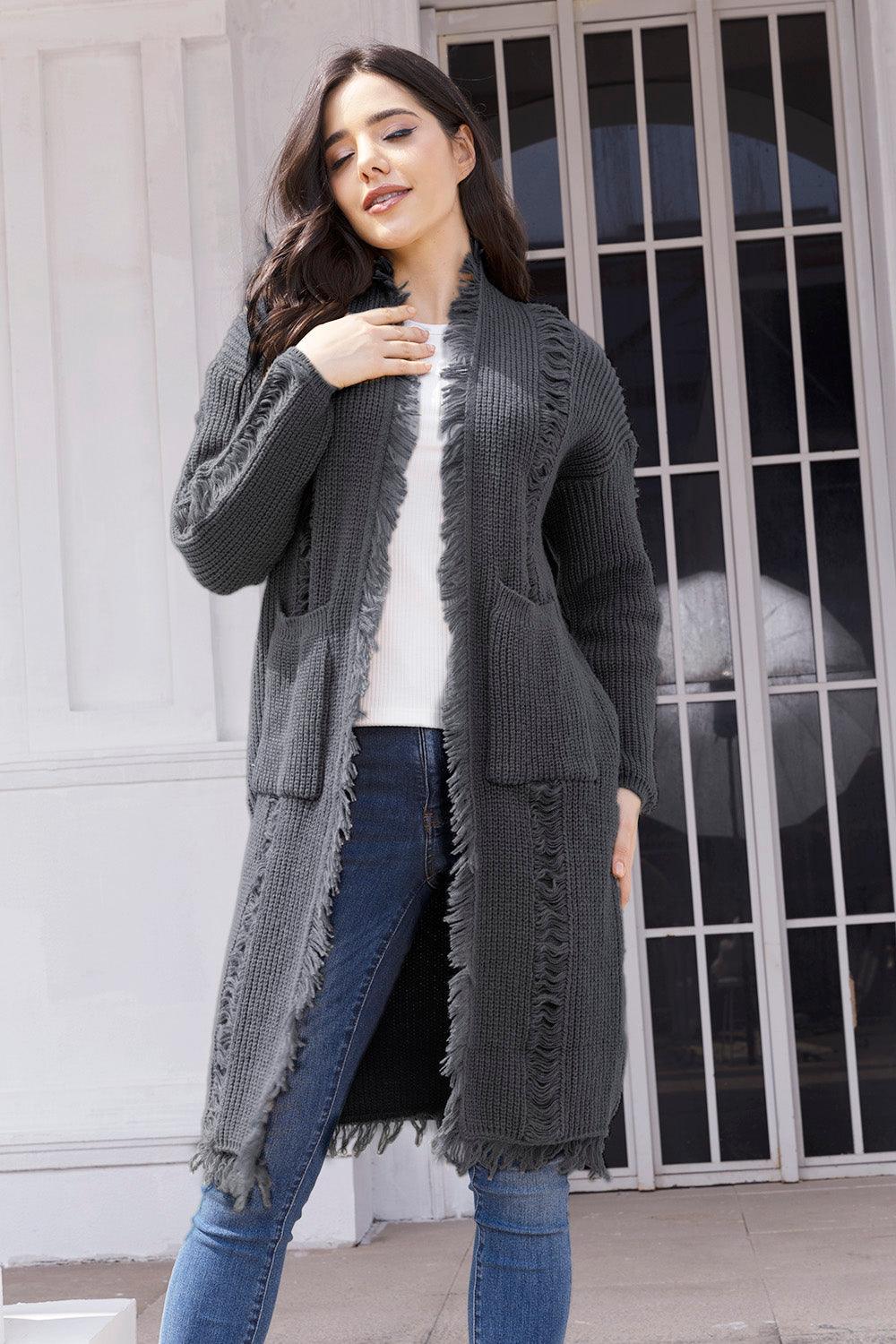 Fringe Trim Open Front Cardigan with Pockets Carauana Store