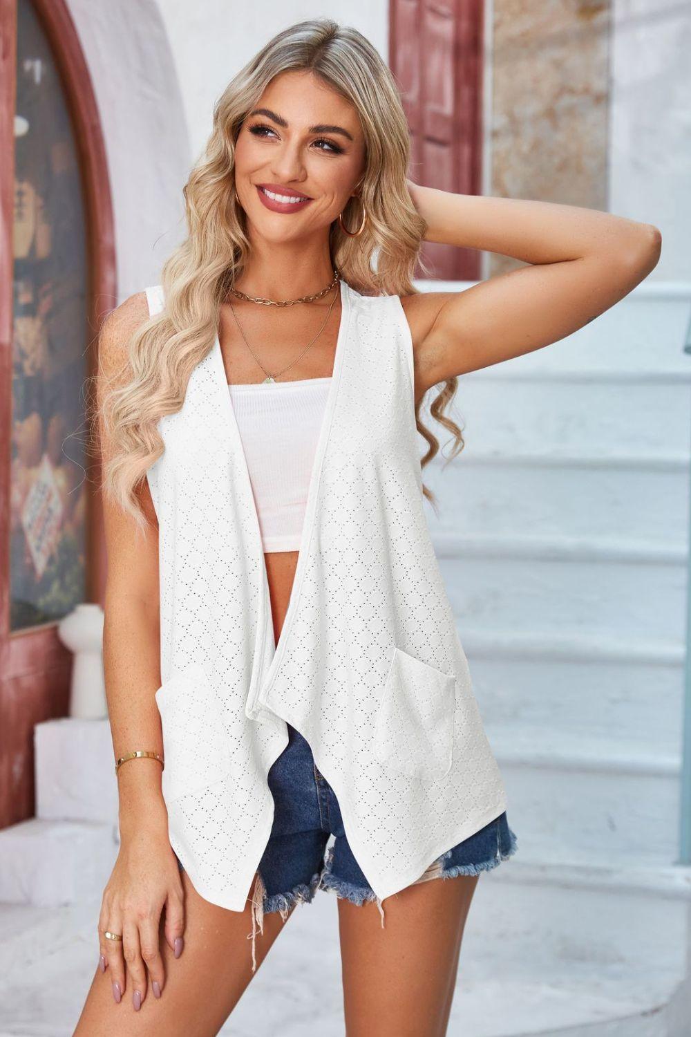 Eyelet Open Front Sleeveless Cardigan Carauana Store