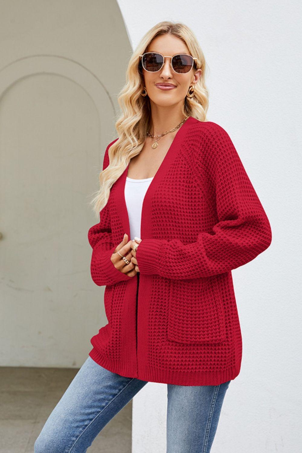 Open Front Raglan Sleeve Pocketed Cardigan Carauana Store