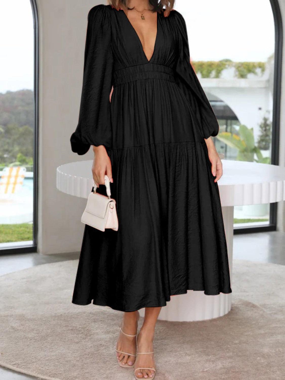 Deep V-Neck Balloon Sleeve Plain Maxi Dress Carauana Store