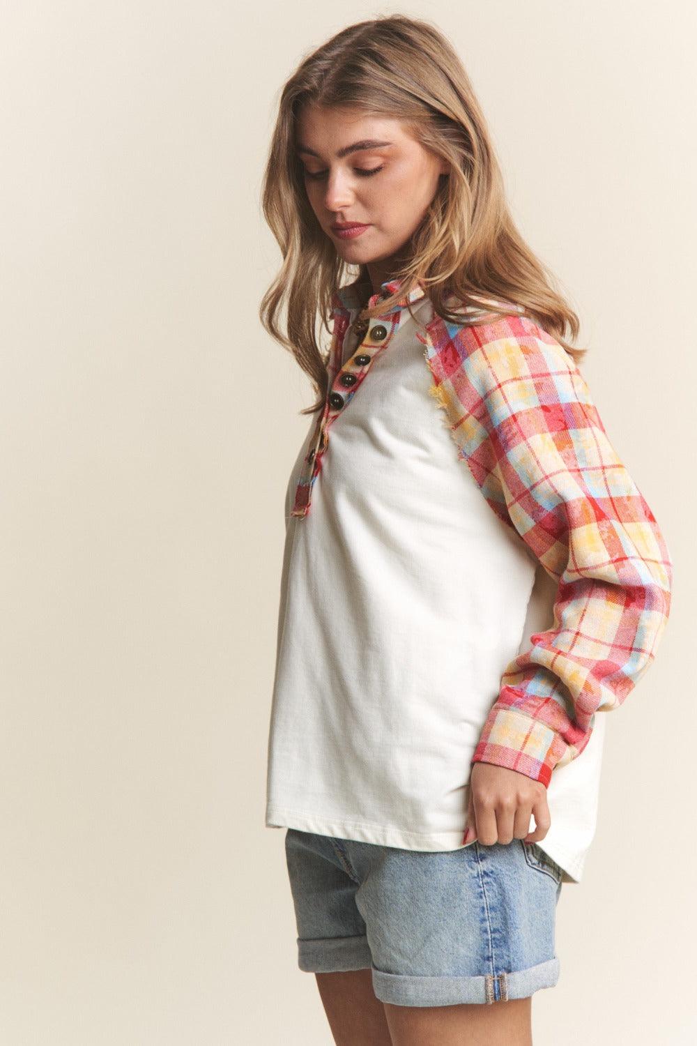 J.NNA Plaid Contrast Button Down Henley Top Carauana Store