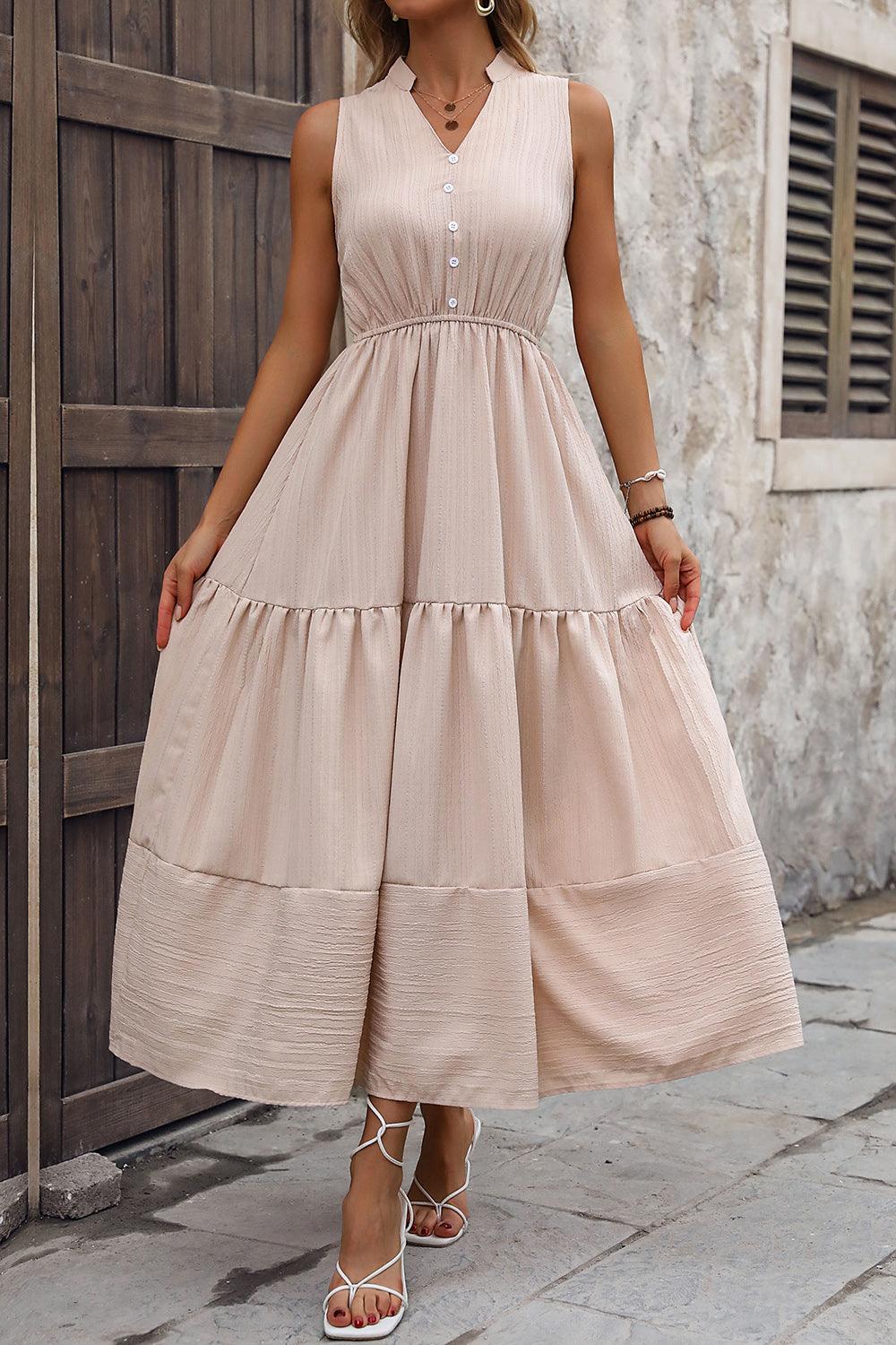 Decorative Button Notched Tiered Dress Carauana Store
