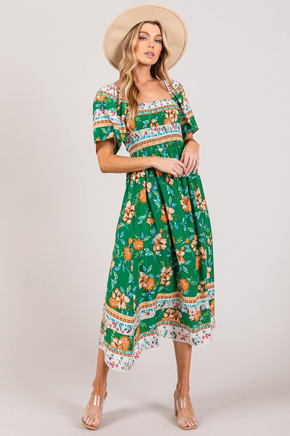 SAGE + FIG Printed Smocked Short Sleeve Midi Dress Carauana Store