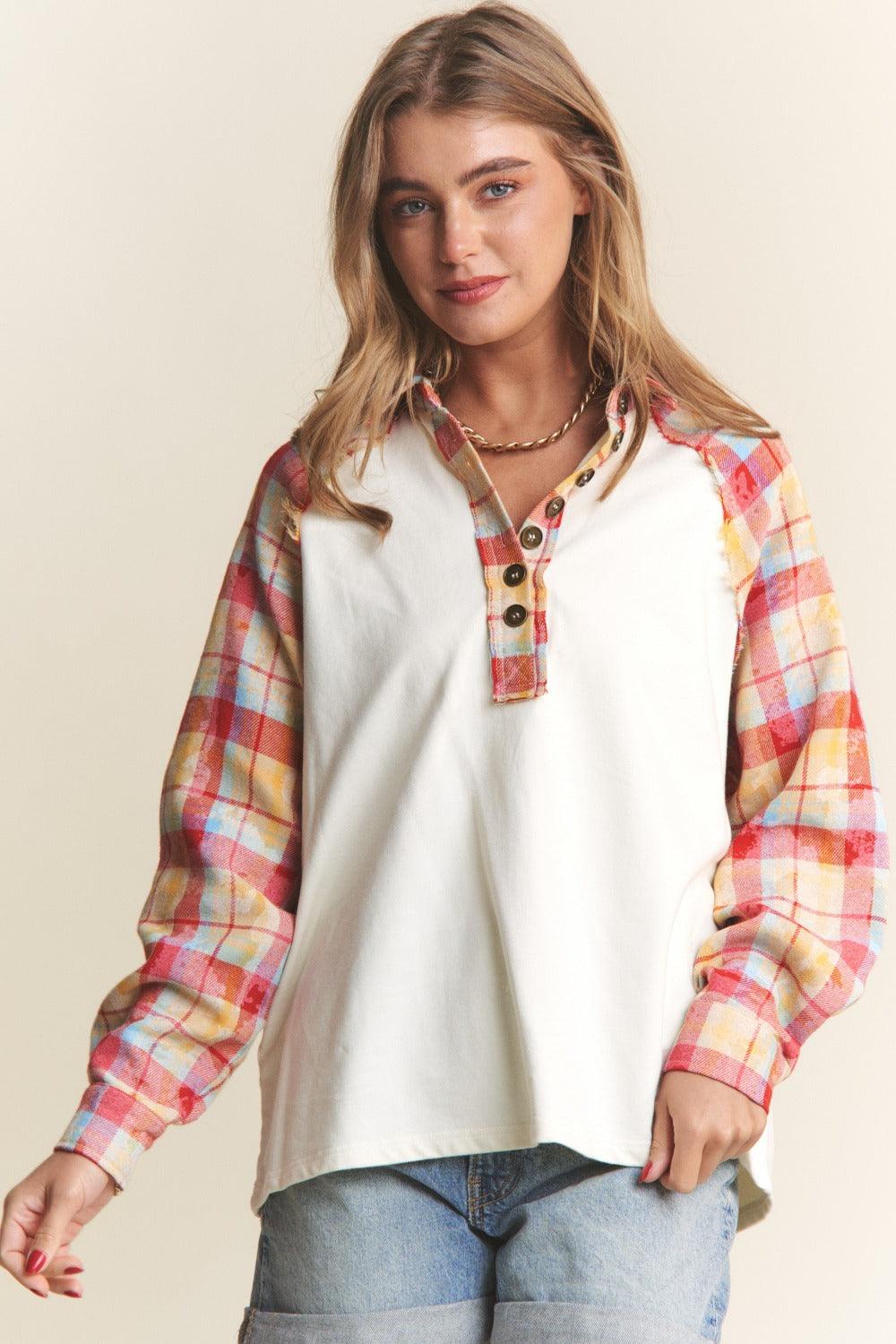 J.NNA Plaid Contrast Button Down Henley Top Carauana Store