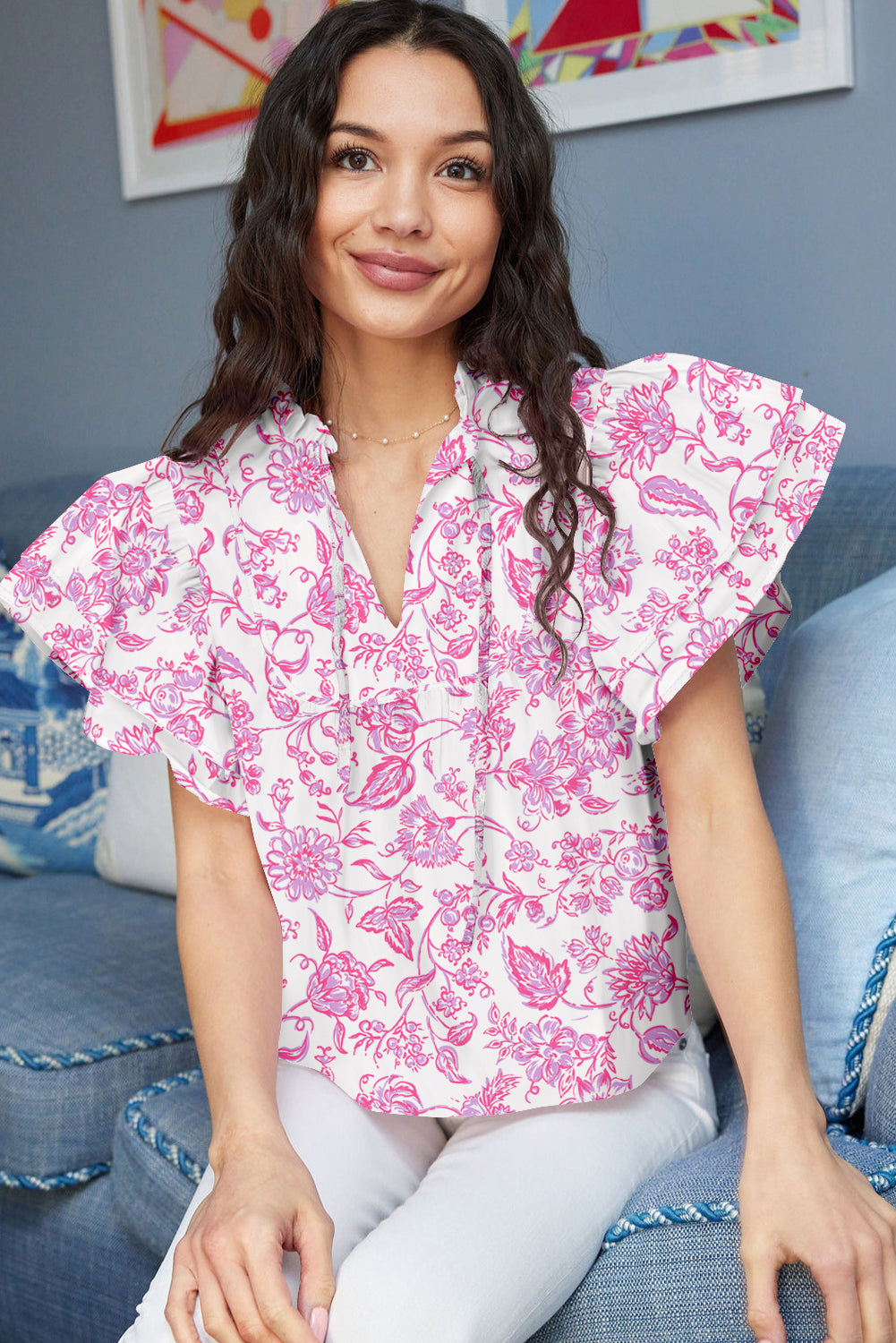 Pink Baroque Floral Ruffle Sleeve V Neck Blouse Top