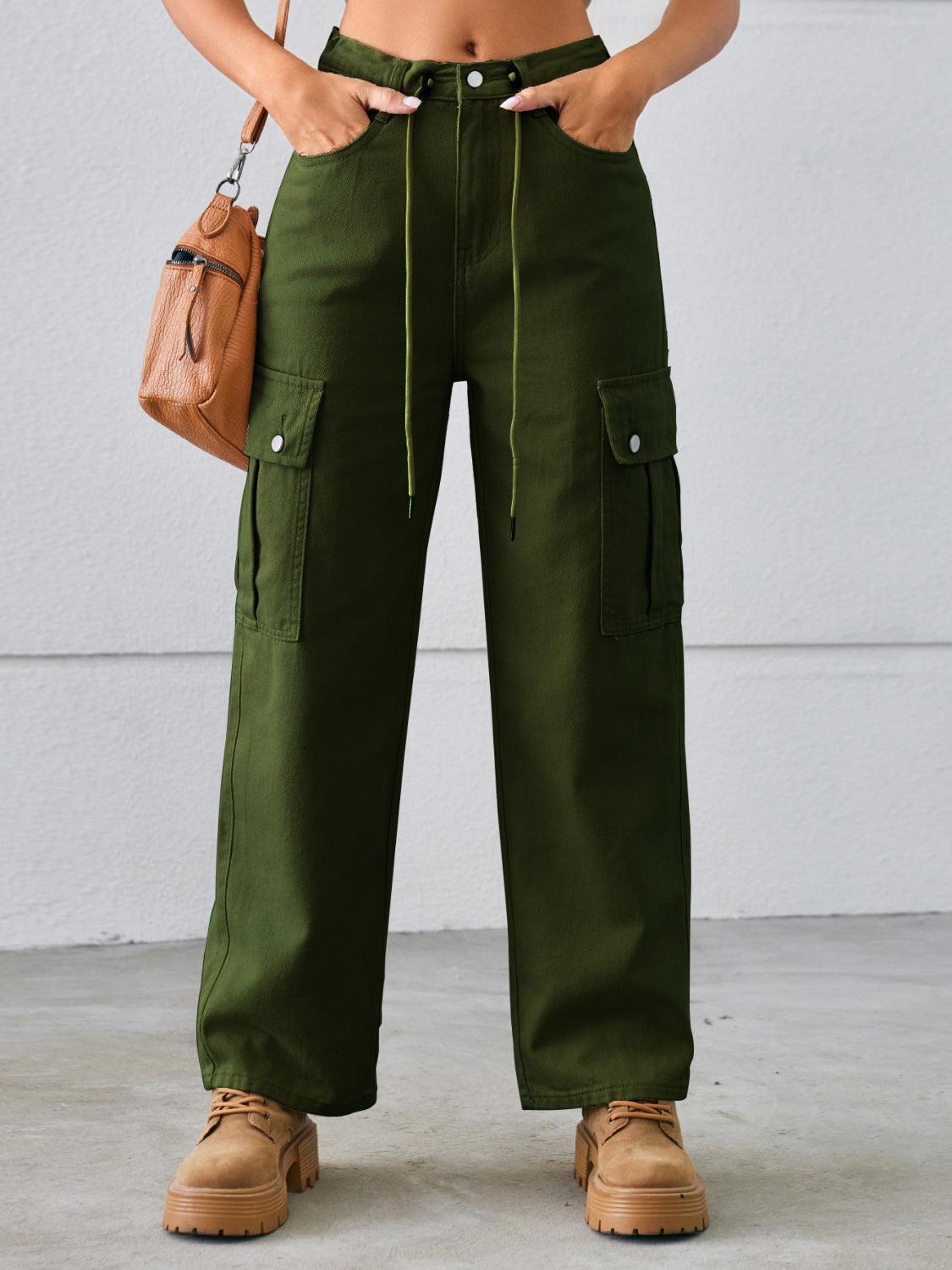Drawstring Mid-Rise Waist Straight Cargo Jeans Carauana Store