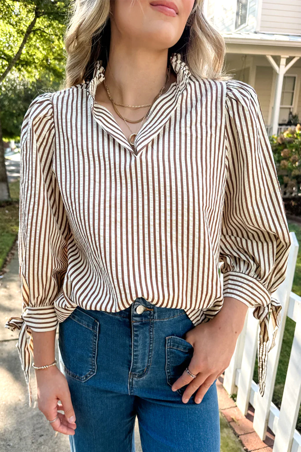 Straw Yellow Striped Print Tied Cuffs Split Neck Seersucker Blouse