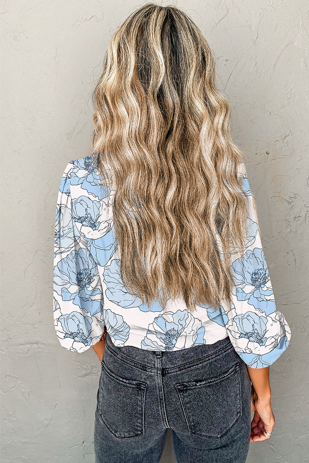 Sky Blue Floral Print Frilly Smocked Square Neck Long Sleeve Blouse