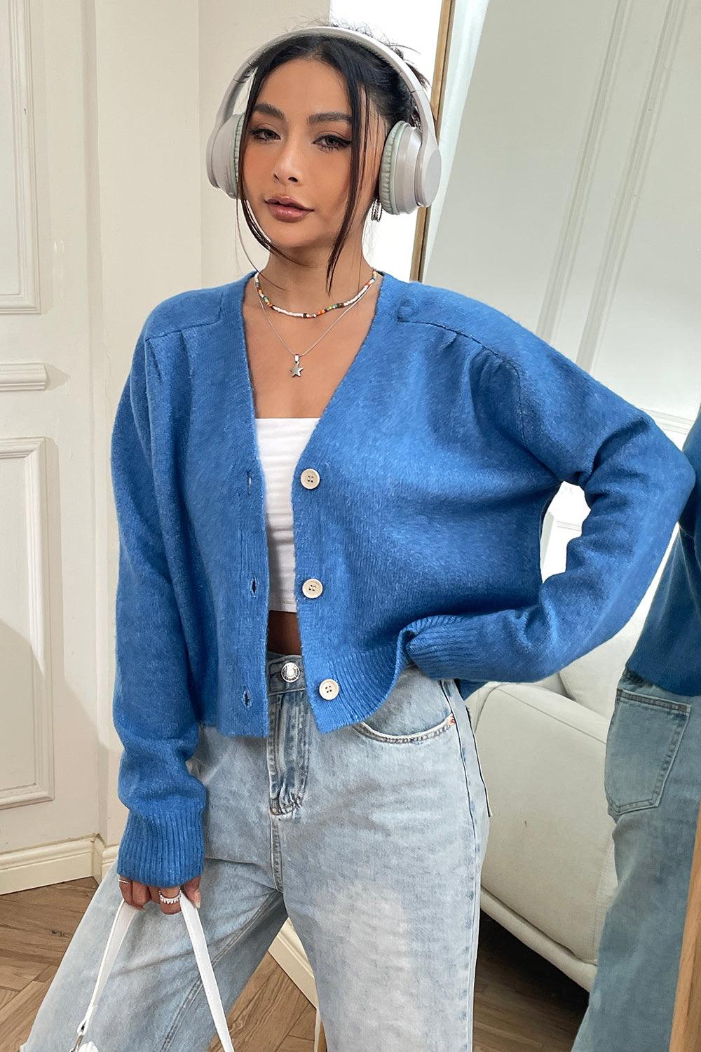 Button Up Long Sleeve Cropped Cardigan Carauana Store