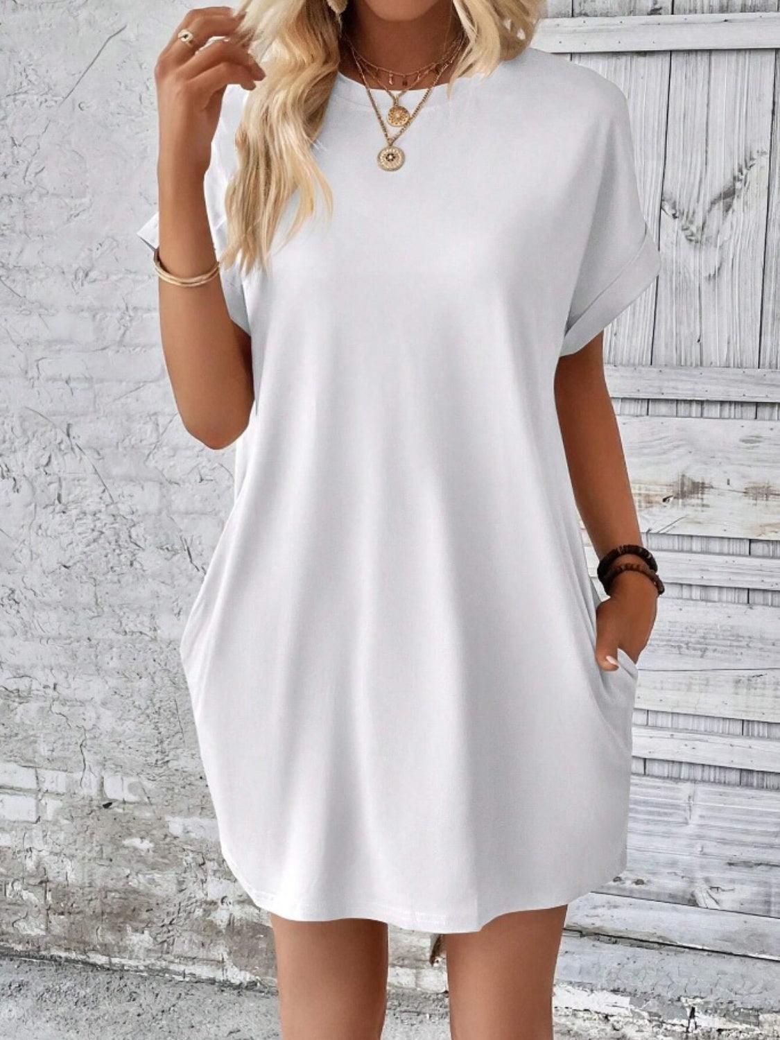 Pocketed Round Neck Short Sleeve Dress Carauana Store