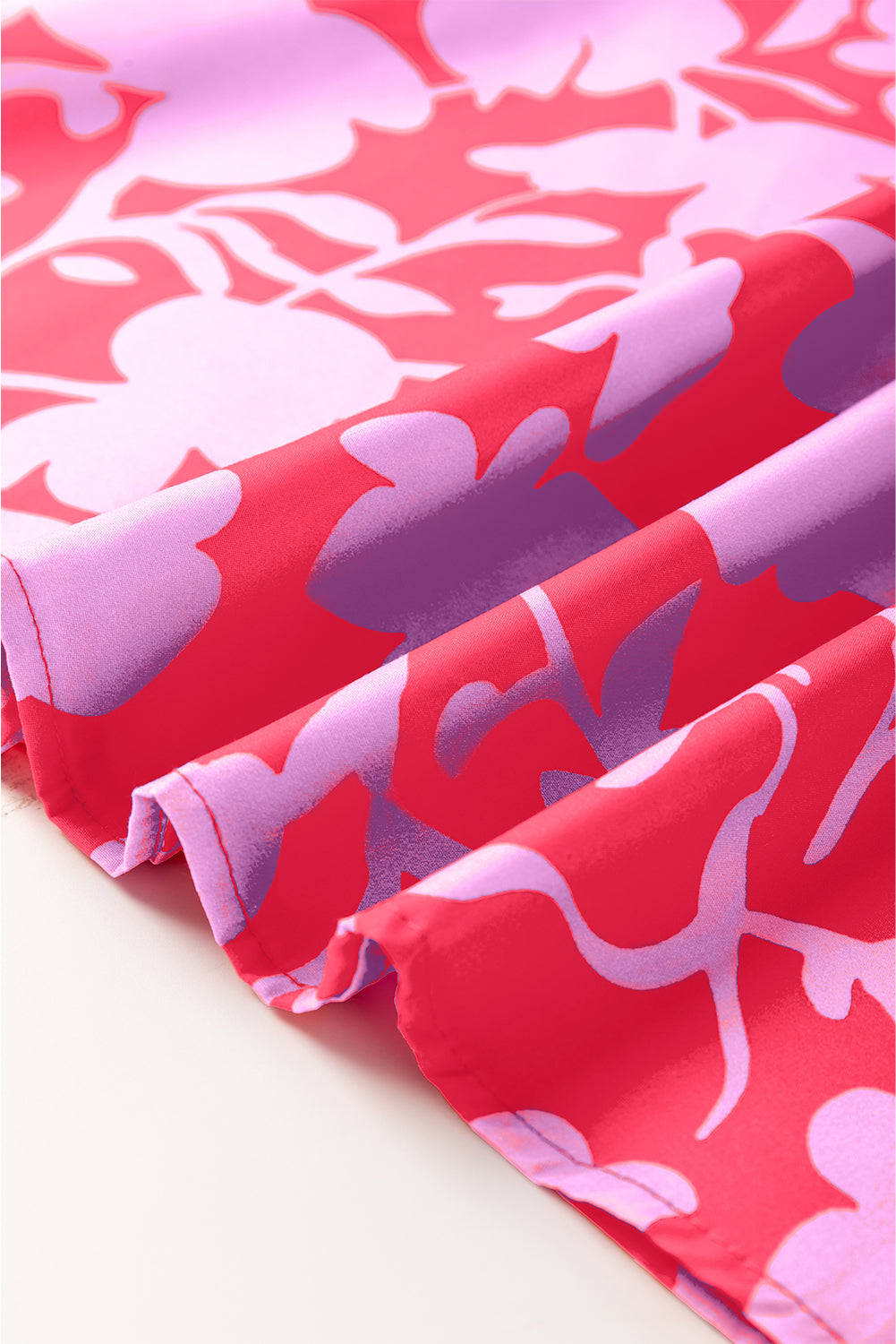 Red Floral Split V Neck Ruffled Short Sleeve Blouse Top